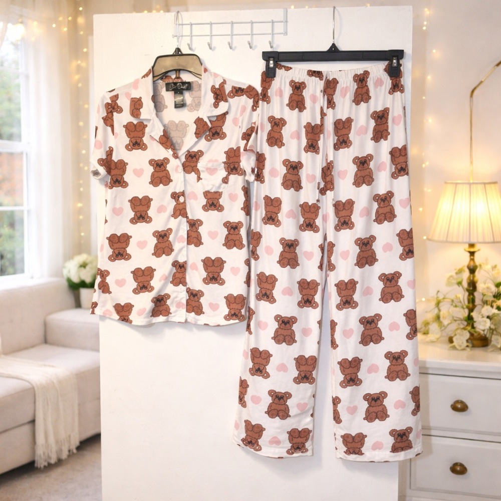 ✨ Star Dust Teddy Bears & Hearts Matching Pajama Set Size S